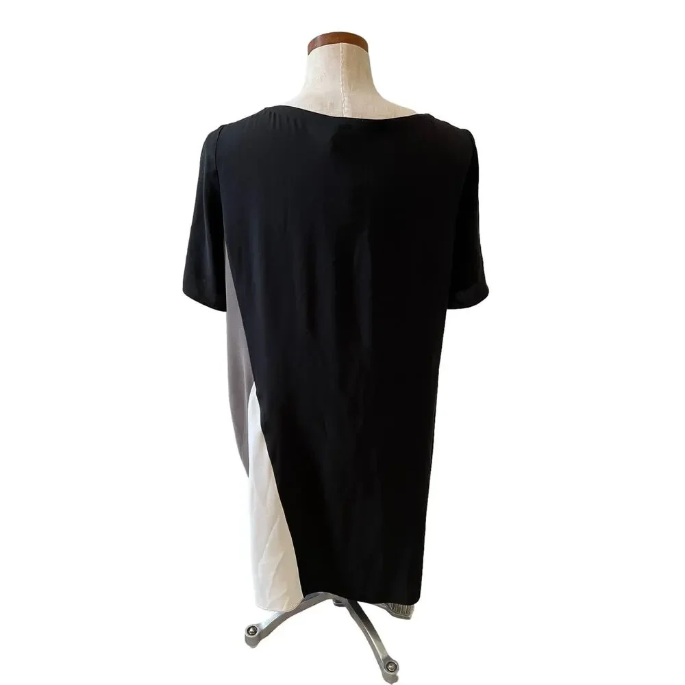 Eileen Fisher Silk shift Dress Black Cream Colorblock Print S